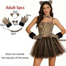 5Pcs Leopard Cat Costume Kit For Women, Cat Ears Headband Bow Tie Gloves Tail Set, Halloween Festival Stage Performance Cosplay Accessories For Party Fancy Dress - Multicolor - View 5