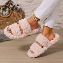 New Open Toe Double Strap Thermal Lined Thermal Slippers, Fashionable Warm Home & Outdoor Wear Autumn/Winter - Pink - View 5