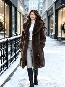 Women's Elegant Faux Fur Collar Jacket, Winter - Brown - View 2