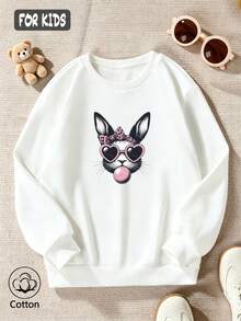 Kids Loose Fit Crewneck Sweatshirt With Rabbit Print, Heart Sunglasses & Bubblegum Design For Outdoor Casual Wear In Spring And Autumn - White - View 3