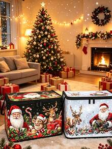 Christmas Zipper Storage Box, Santa Claus & Reindeer Print, Dual Handle Design, Large Foldable Holiday Storage Bin, Dust-Proof Rectangular Organizer, Suitable For Christmas Decorations, Gift Wrapping, Clothes, Toys, Closet, Bedroom And Christmas Party Home Decor - Multicolor - View 2