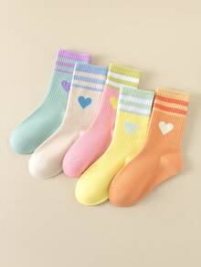 5 Pairs Cute Sweet Colorful Heart-Themed Mid-Calf Socks, Sporty Casual Style, Versatile Fashionable Design Suitable For All Seasons, Soft Comfortable Breathable Non-Stuffy, Specially Designed For Students, Perfect For Daily Wear - Multicolor - View 2