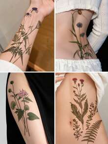 STARTTOOS 4PCS Fresh Aesthetic Floral & Fern Pattern Party Gifts Festival Tattoos Holiday Gift Temporary Waterproof Tattoo Stickers For Arm, Waist, Abdomen, Back, Legs - Multicolor - View 2