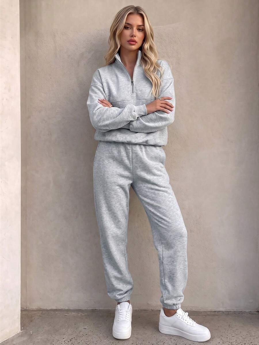 SUNSTORY Women's Autumn Light Gray Half-Zip Stand Collar Drop Shoulder Sweatshirt + Elastic Waist Cuffed Sweatpants Casual Sports Two Pieces Set - Grey - View 1