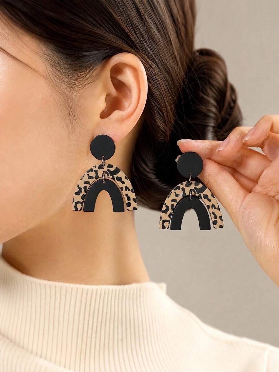 New Geometric Pattern Leopard Print Earrings, Perfect For Autumn/Winter Wear, Elegant And Fashionable - Multicolor - View 1