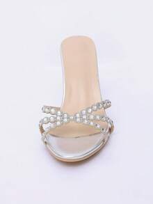 Women's Silver Round Toe Rhinestone Stiletto Heel Mule Sandals, Black PU Slip-On High Heel Slides, Evening Party Dress Shoes - Silver - View 3