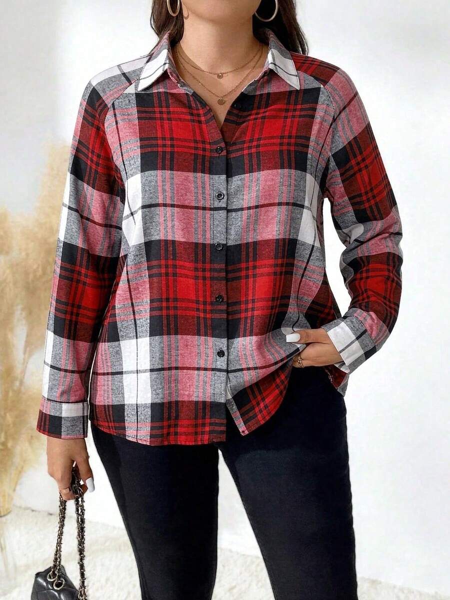 Women's Plus Size Casual Loose Plaid Long Sleeve Button-Up Shirt - Red - View 1
