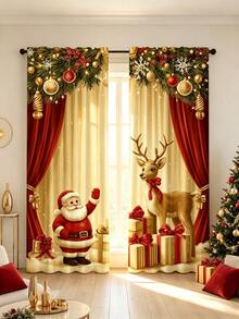 2pcs Santa Claus Holiday Scene Curtains: Adopting A Modern Pole Bag Design, Easy To Install, And Machine Washable. Very Suitable For Living Room, Bedroom, Kitchen, And Office - Multicolor - View 2