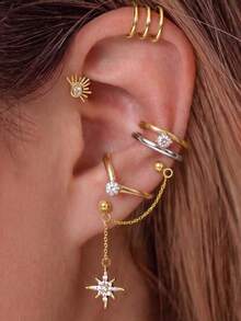 5pcs Women's Earring Set, Multi-Color Copper Inlaid CZ Fashion Personalized Geometric Star Tassel Pendant Earrings Set, Autumn Matching, Wedding Jewelry, Jewelry Gift, Daily Party Holiday Matching - Multicolor - View 5