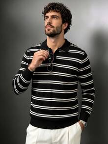 Men's Autumn/Winter 12-Gauge Striped Regular Shoulder Polo Collar Long Sleeve Sweater - Black - View 3