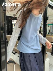 Contrast Color Print Raglan Sleeve T-Shirt, Autumn Korean Style Design Loose Fit Base Layer Top - Blue - View 11