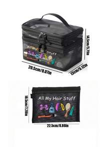 Mesh Makeup & Grooming Storage Bag With "All My Hair Stuff" Print, Matching Mesh Portable Storage Bag, Double-Layer Transparent Toiletries Storage Bag, Travel & Business Trip Portable Toiletries Organizer - Multicolor - View 11
