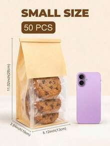 50pcs Small Cookie Bags With Window And Tin Lock, Suitable For Muffins, Snacks, Brownies, Oatmeal - Brown - View 10