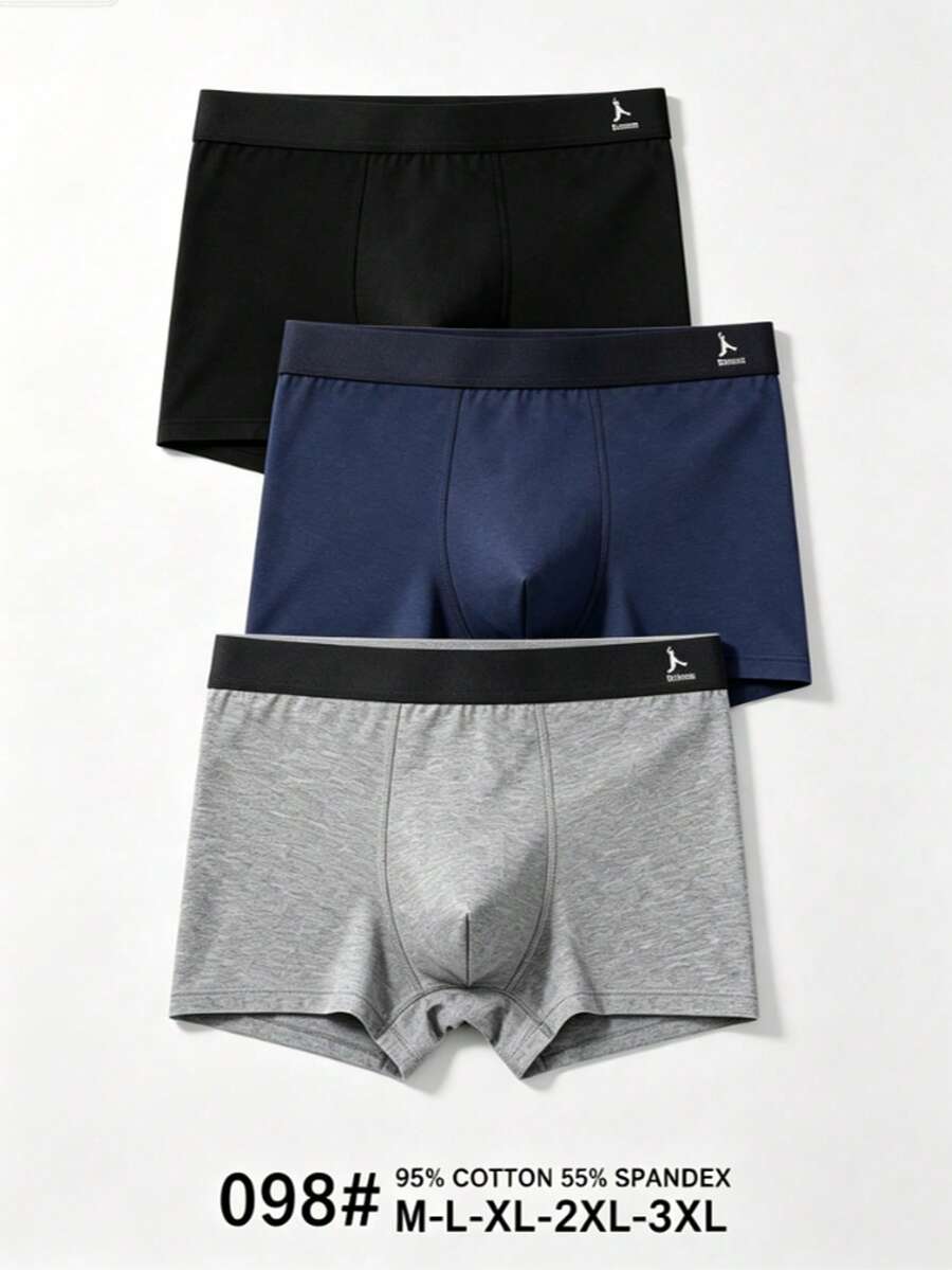 3 st/pack herrboxershorts i ren bomull, midjehöga, enfärgade, mjuka och elastiska, bekväma underkläder för vardagsbruk - 1 blå + 1 grå + 1 svart - Visa 1