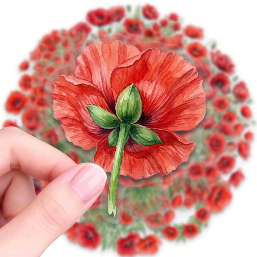 50pcs Poppy Flower PET Stickers, Suitable For Decorating Journals, Phone Cases, Notebooks, Tablets, Skateboards, Guitars, Party Packaging, Water Bottles And Luggage - Multicolor - View 1