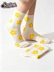 1 Pair Summer Yellow Floral Mid-Calf Socks For Women - Yellow - View 1