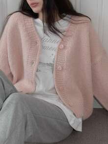 Cardigan Wanita Nyaman Warna Pink dengan Kancing, Lengan Panjang, Bahan Rajut Poliester Elastis Sedang, Ideal untuk Musim Gugur/Dingin - Berwarna merah muda - View 1