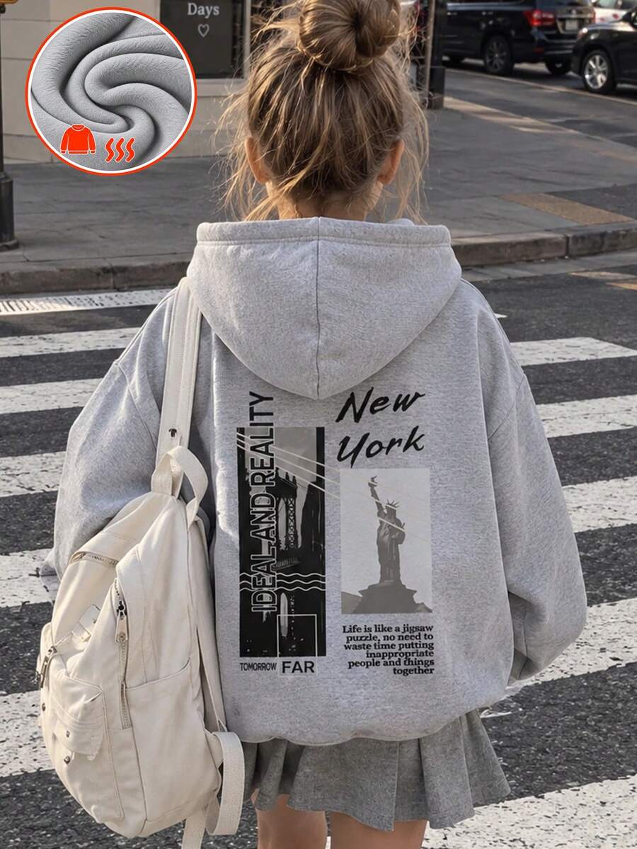 青少年女孩 1件保暖加厚內裡連帽運動衫,學生兒童服飾,適合孩童秋冬穿搭 - 灰色 - 查看 1