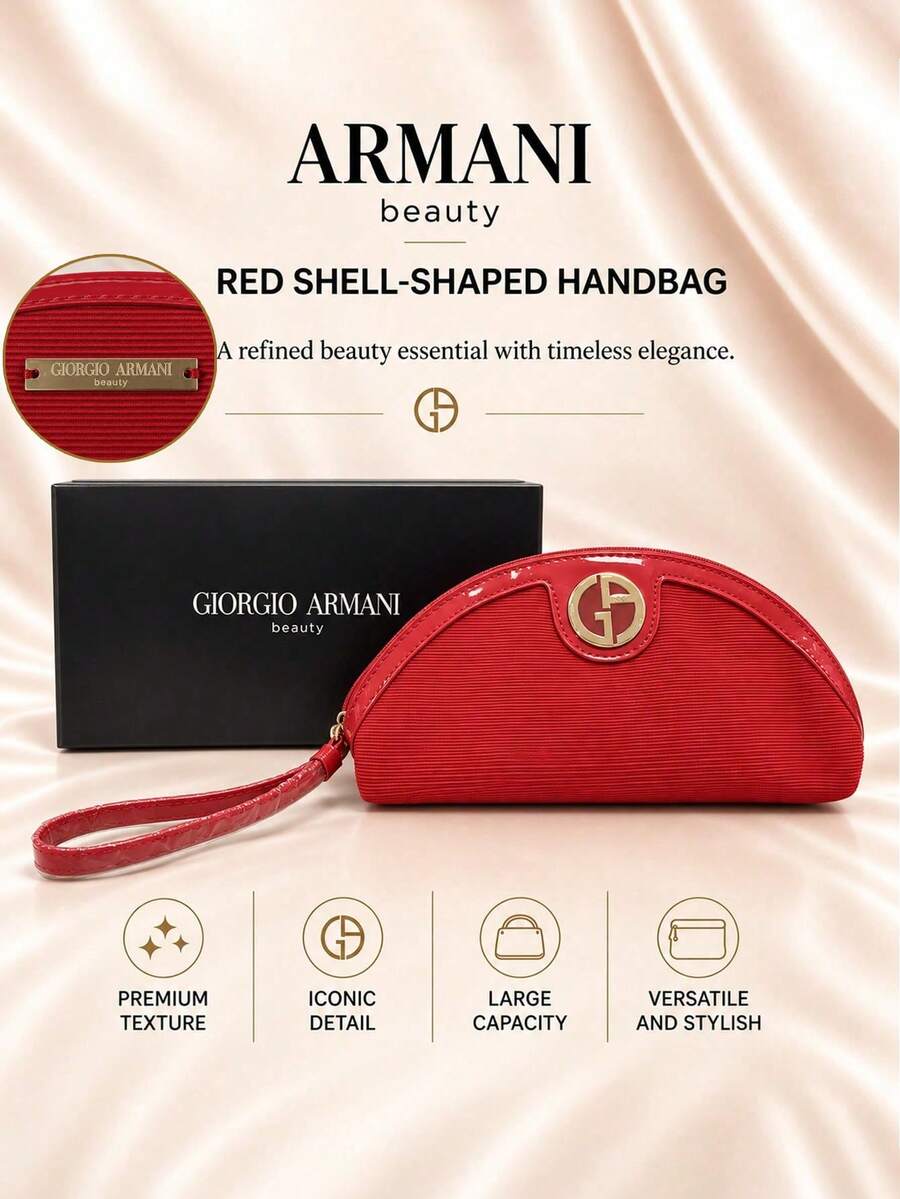 Giorgio Armani Armani Red Shell Bag, 24*11.5cm, Single Piece, Exquisite Texture, Large Capacity, Suitable For Daily Use And Travel Storage Of Cosmetics