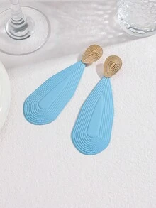 Gold Textured Stud Earrings With Light Blue Teardrop Long Dangle, Concentric Circle Pattern Matte Exaggerated Drop Earrings For Women - Multicolor - View 10