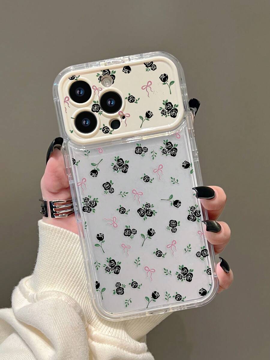 1件透明玫瑰花蝴蝶結鏡面支架TPU手機殼，適用於 X XR XS Max 11 12 13 13 Pro 13 Pro Max 14 Pro Max 15 15 Pro 15 Plus 15 Pro Max 16 16 Pro 16 Plus 16 Pro Max 17 17 Pro 17 Pro Max 18 Pro 18 Pro Max