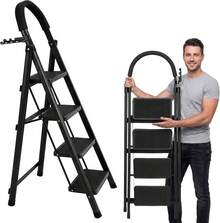 Escalera De Tijera De 3 PeldañOs, Escalera Tubular, Escalera Plegable Hecha De Acero Inoxidable, Escalones Y Patas Antideslizantes, Altura 111cm Color Blanco (3 PeldañOs) - Negro - Ver 8