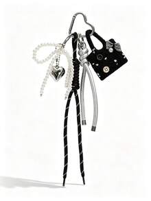 1pc Autumn/Winter Sweet & Cool Mini Bag Charm, Pearl Bow Woven Rope Heart Pendant, Bag Keychain - Multicolor - View 3