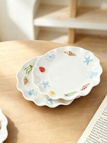 4pcs/2pcs/1pc 3D Embossed Ocean Shell Ceramic Plate, 6-Inch Ins Style Wave Starfish Conch Dessert Plate, Highly Attractive Asymmetrical Scalloped Edge Fruit Salad Plate, Cake Plate, Jewelry Storage Dish, Photography Prop - Multicolor - View 11