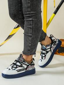 Women's Sneakers: Classic, Versatile, And Stylish-Durable And Shock-Absorbing, Perfect For Everyday Wear And Travel, Suitable For All Seasons - Black and White With Blue Background - View 3