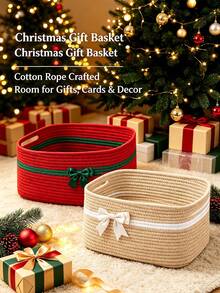 Woven Cotton Rope Storage Basket, Christmas Gift Basket, Storage Box, Handheld Basket, Square Decorative Gift Basket, Portable Storage Basket; Suitable For Holiday And Christmas Gifting. - Multicolor - View 4