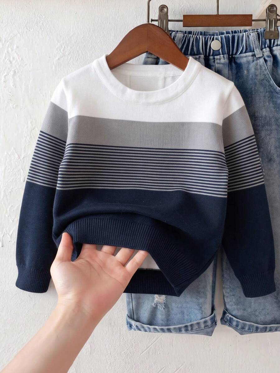 1 pieza Suéter ligero de punto con rayas universitarias para niños, adecuado para la escuela en primavera y otoño - Azul Marino - Ver 1