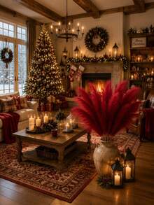 12/1pc Artificial Burgundy Reed Grass, 22 Inch Tall Faux Reed Stems, Christmas Bohemian Home Decor, Red Fluffy Reed Floral Arrangement, Christmas Home Decoration, Suitable For Christmas Table Centerpiece, Mantel, Windowsill Display - A - View 2