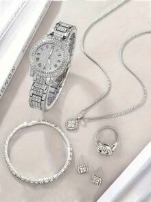 6pcs/Set Fashion Women's Quartz Luxury Set, Digital Full Rhinestone Bracelet Watch (1 Watch + 5 Accessories) - Silver - View 3
