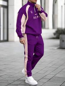 男士商務印花拉鍊連帽衛衣與長褲套裝 - 紫色 - 查看 3
