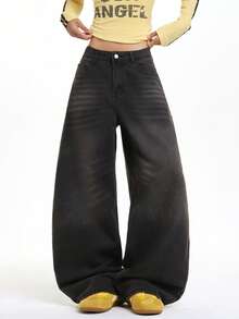 1pc Women's Casual Loose Fit Distressed Straight Leg Jeans, Comfortable Wide Leg Denim Pants, Fashionable Streetwear, Suitable For All Seasons (Belt/Accessories Not Included) - Black - View 1