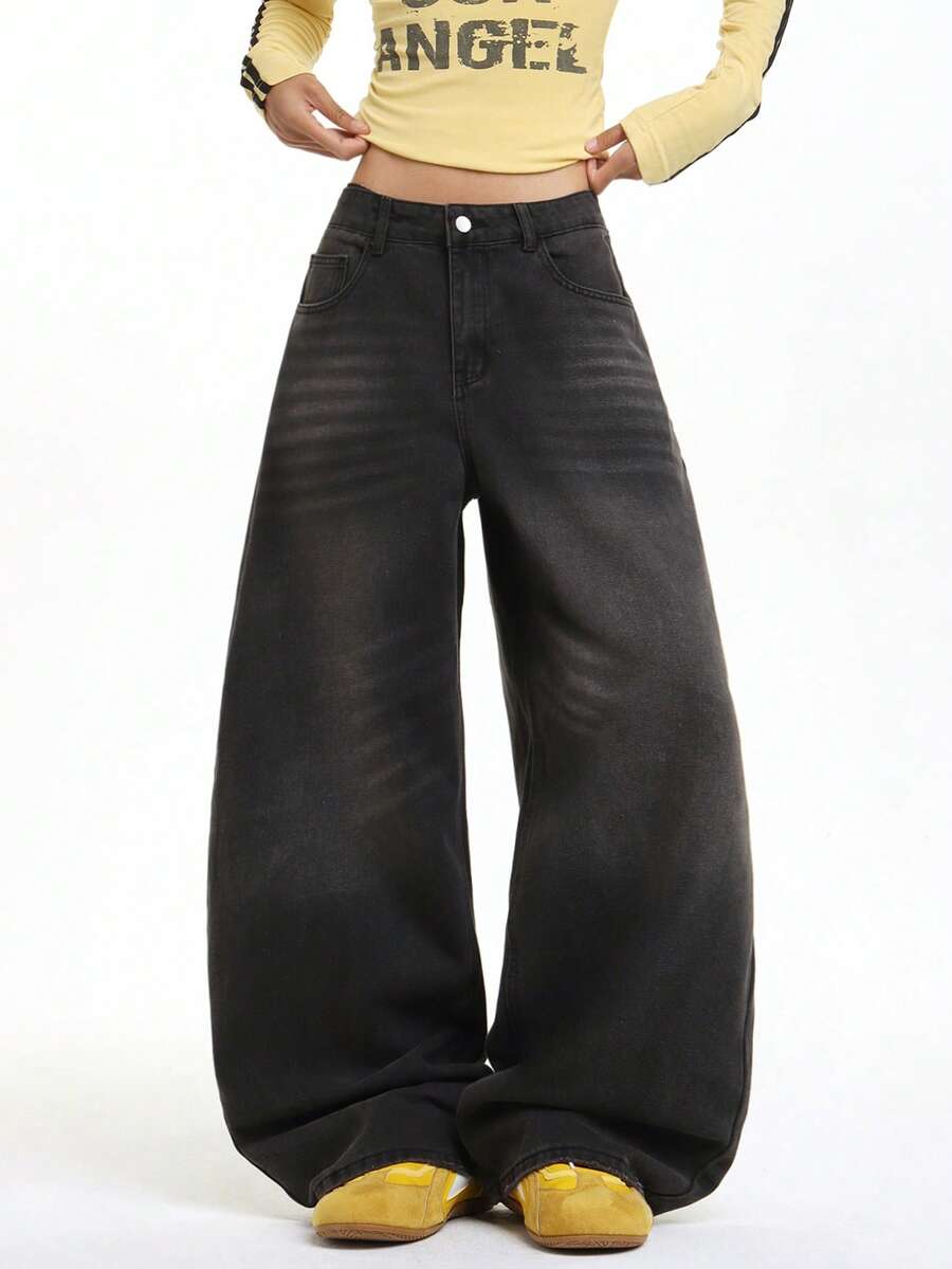 1pc Women's Casual Loose Fit Distressed Straight Leg Jeans, Comfortable Wide Leg Denim Pants, Fashionable Streetwear, Suitable For All Seasons (Belt/Accessories Not Included) - Black - View 1