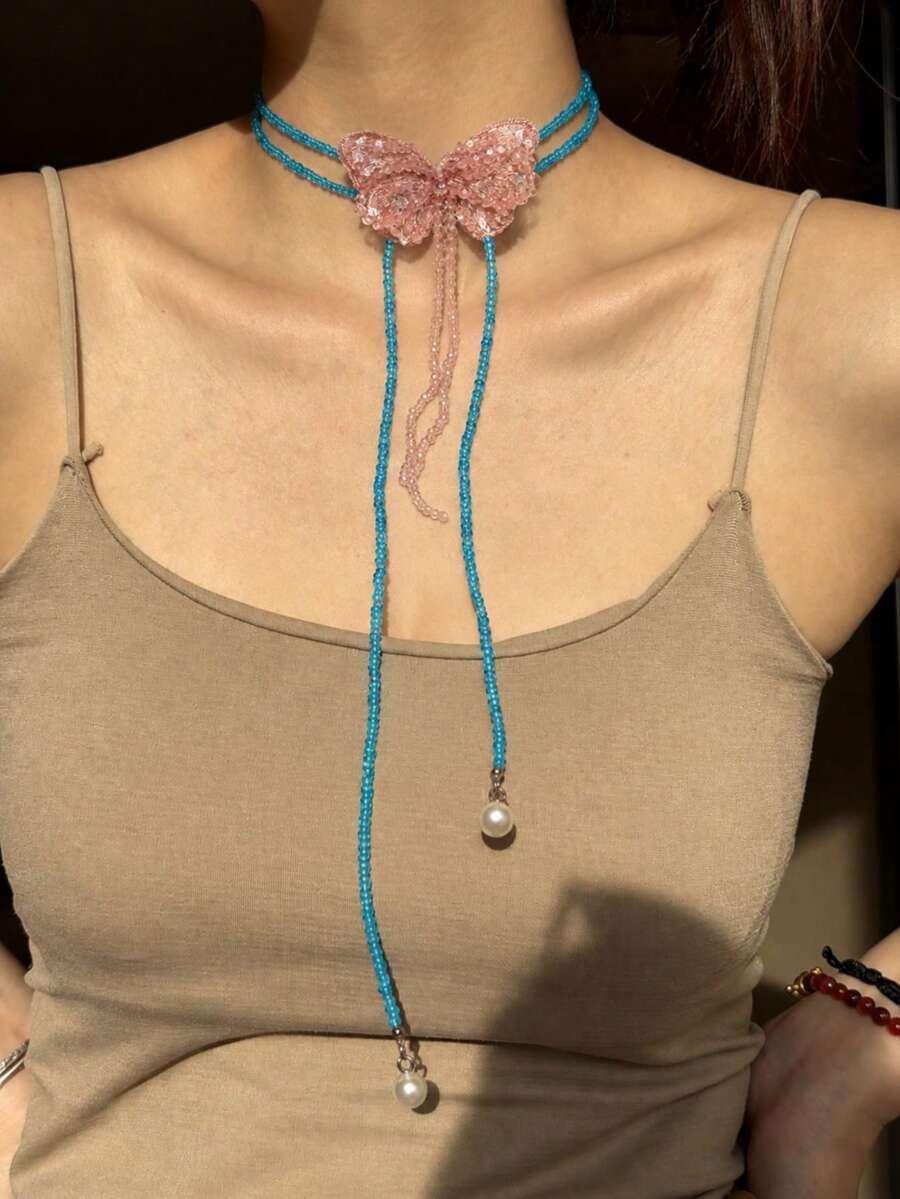 1件優雅時尚百搭亮粉色蝴蝶流蘇藍色珠飾纏繞項鍊,女士日常夏季海灘度假禮物首飾 - 彩色 - 查看 1