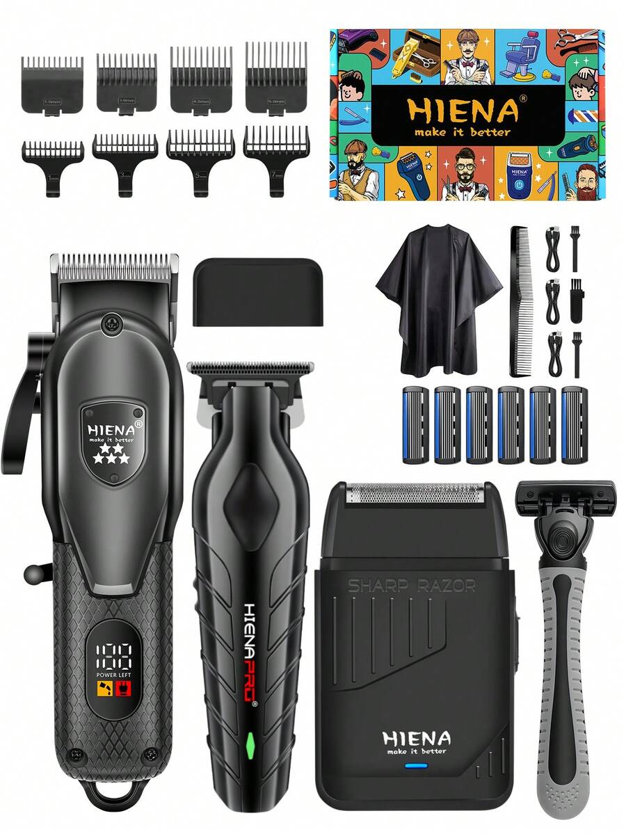 Set Alat Cukur Rambut & Pencukur Elektrik Pria HIENA, 4pcs/3pcs/2pcs/1pc (Opsional), Termasuk Alat Cukur Rambut Nirkabel Isi Ulang USB, Pemangkas Rambut, Pencukur Bolak-balik, Pisau Cukur Manual (Dengan 6 Mata Pisau yang Dapat Diganti), Baterai Lithium, Berbagai Aksesoris, Kemasan Kotak Hadiah yang Indah, Hadiah Ideal, Bodi Mini untuk Perjalanan dan Penggunaan Portabel - Hitam - View 1