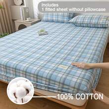 1pc All Cotton Printed Fitted Sheet (Fitted Sheet*1, Pillowcase Not Included) Soft & Comfortable, Washable, Breathable Mattress Protector, Suitable For Hotel, Bedroom, Guest Room, School, All Seasons Bedding - Baby Blue - View 1