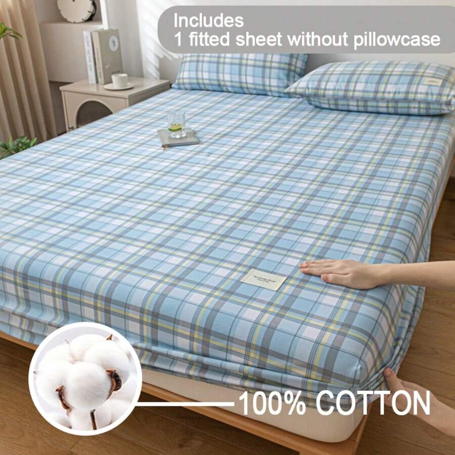 1pc All Cotton Printed Fitted Sheet (Fitted Sheet*1, Pillowcase Not Included) Soft & Comfortable, Washable, Breathable Mattress Protector, Suitable For Hotel, Bedroom, Guest Room, School, All Seasons Bedding - Baby Blue - View 1
