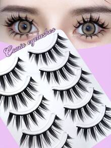 5 Pairs Wet Manga Style Pointed Eyelashes, Thick & Voluminous Curly Doll Big Eye False Eyelashes, Soft Synthetic Fiber For Date & Daily Wear - Black - View 1