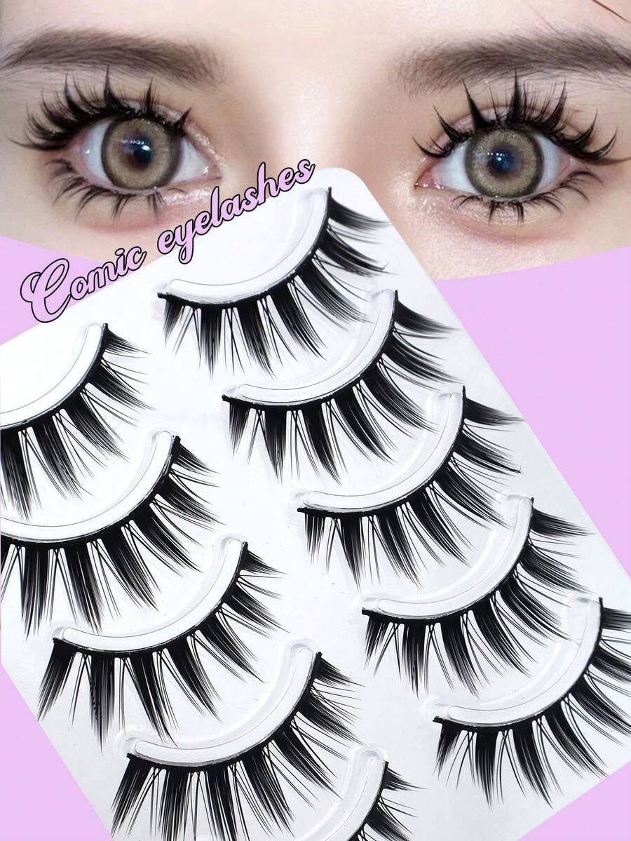 5 Pairs Wet Manga Style Pointed Eyelashes, Thick & Voluminous Curly Doll Big Eye False Eyelashes, Soft Synthetic Fiber For Date & Daily Wear - Black - View 1