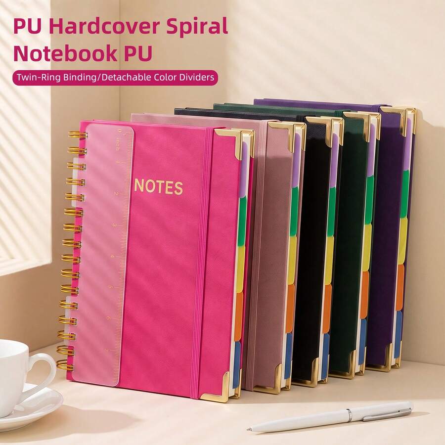 A5 Spiral Notebook, Thick High-Quality, Business Office Notepad, PU Leather Cover With Spiral Binding, Waterproof And Stain-Resistant, Spiral Notebook With Ruler, 300 Pages Hardcover Notebook, Vintage Style, Pink Faux Leather Cover, Suitable For Work, School And Planning, Notebook And Diary, Thick Paper, Smooth Writing, Multi-Functional Classified Spiral Notebook, Back To School Season Recommended, Back To School Season Recommended - Multicolor - View 1