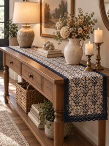 Navy Blue Lace Table Runner With Floral Edge, New Chinese Style, Suitable For Indoor And Outdoor Coffee Table, Entryway, Living Room, Dining Table, Wedding, Holiday, Party, Gathering And Other Celebrations - Multiple Styles - View 1