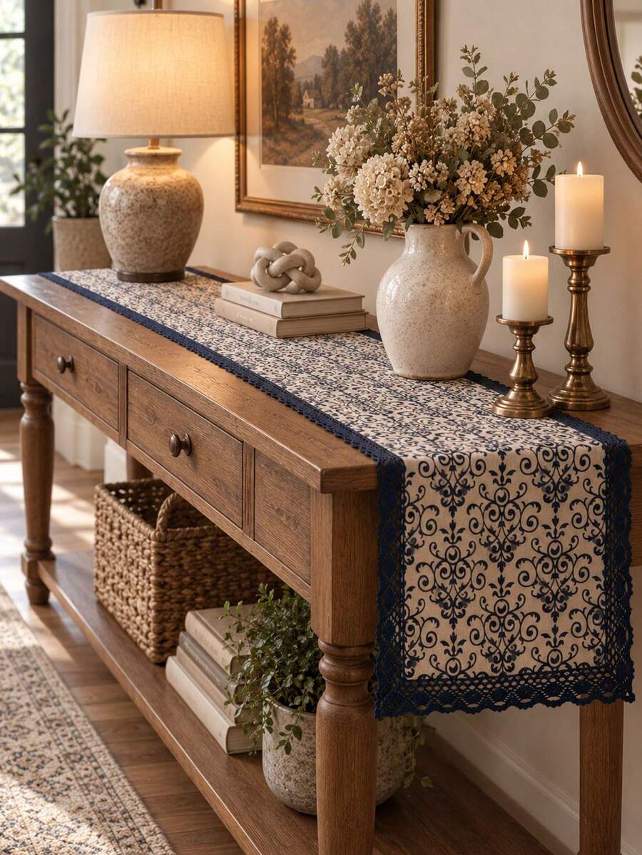 Navy Blue Lace Table Runner With Floral Edge, New Chinese Style, Suitable For Indoor And Outdoor Coffee Table, Entryway, Living Room, Dining Table, Wedding, Holiday, Party, Gathering And Other Celebrations - Multiple Styles - View 1