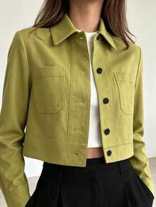 Jaket Kasual Wanita Hijau Modis, Berkerah, Lengan Panjang, dan Dilengkapi Saku, Cocok untuk Tampilan Musim Gugur - Olive Green - View 7