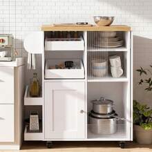 Kitchen Island On Wheels W/Drop Leaf,Kitchen Trolley W/ Towel&Spice Rack,Dual-Sided Sliding Tray,StorageCabinet,Open Shelves,Hooks,Serving Cart Storage Trolley For Kitchen,Dining,Living Room - White - View 3