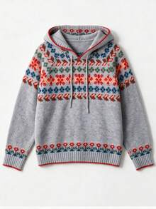 Women's Fall Winter Heather Grey Fair Isle Jacquard Hooded Drawstring Soft Fuzzy Knit Pullover Sweater, Contrast Trim Cozy Casual Daily Holiday Wear - Grey - View 9
