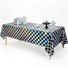 1pc/3pcs Black & White Checkerboard Holographic Disposable Plastic Tablecloth, Cool Grid Pattern With Colorful Holographic Effect, Shimmering Under Light, Suitable For Racing Theme, Party, Theme Party, Birthday Party, Outdoor Gathering Party 137*274cm - Multicolor - View 2