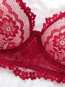 1pc Fashion Burgundy Lace Eyelash Mesh Bra, Breathable Sheer Mesh Elegant Women's Lingerie - Red - View 4